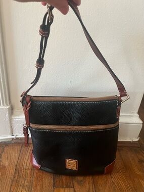 Dooney & Bourke Black Leather Messenger with Brown Trim